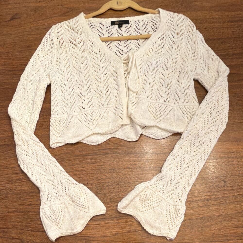 Frye Women S Ivory Crop Cotton Cardigan Sweater Bell Sleeve Crochet Lace Boho